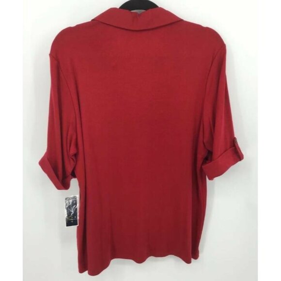 AVA & VIV Top Plus 1X Red Tunic Collar V-Neck Shor - Picture 3 of 6